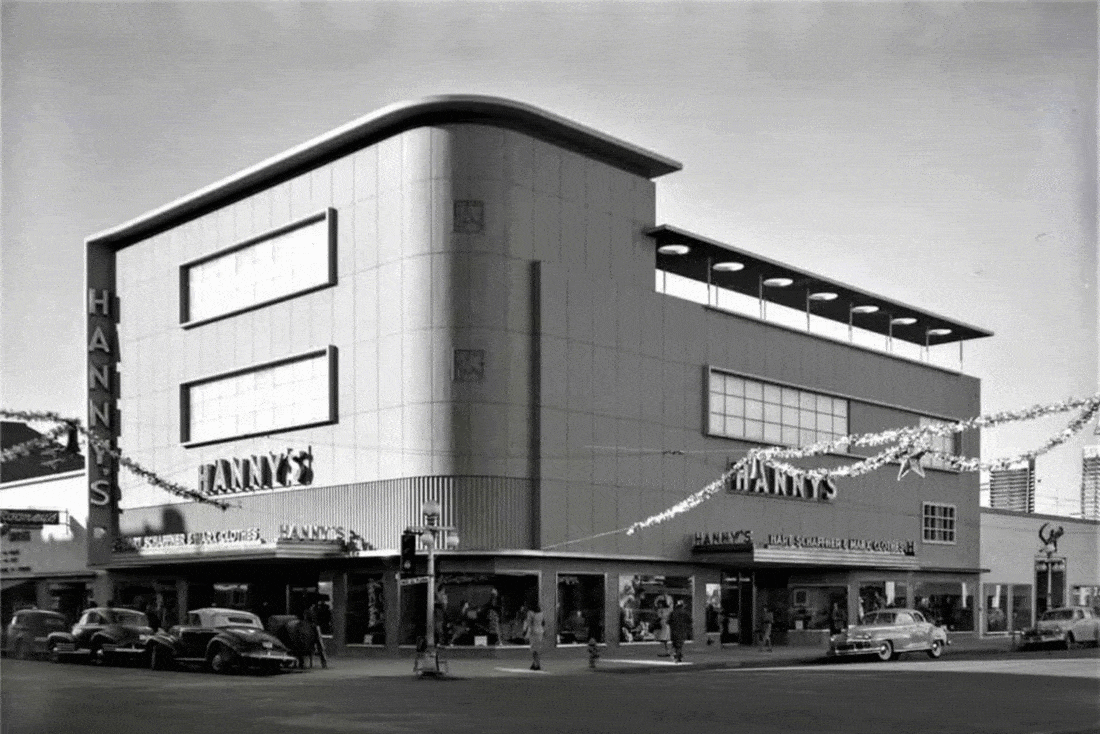 An animation video transitioning between a black and white photo of the Hanny's meanswear building from 1947 and a color photo of the same building in May 2020
