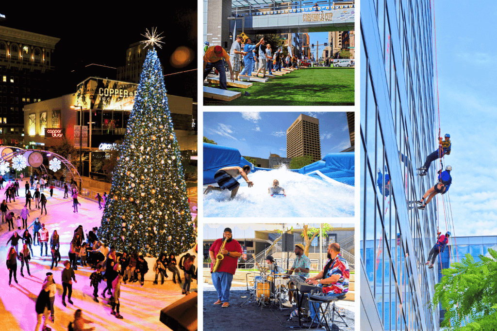 Examples of how RED Development has activated CityScape since its opening include CitySkate, the Cornhole Cup, Surf on Central, Jazz in the Park, and the Over the Edge Challenge. (Photos: Fara Illich, Downtown Phoenix Archives, Michael Schennum, and Taylor Costello)