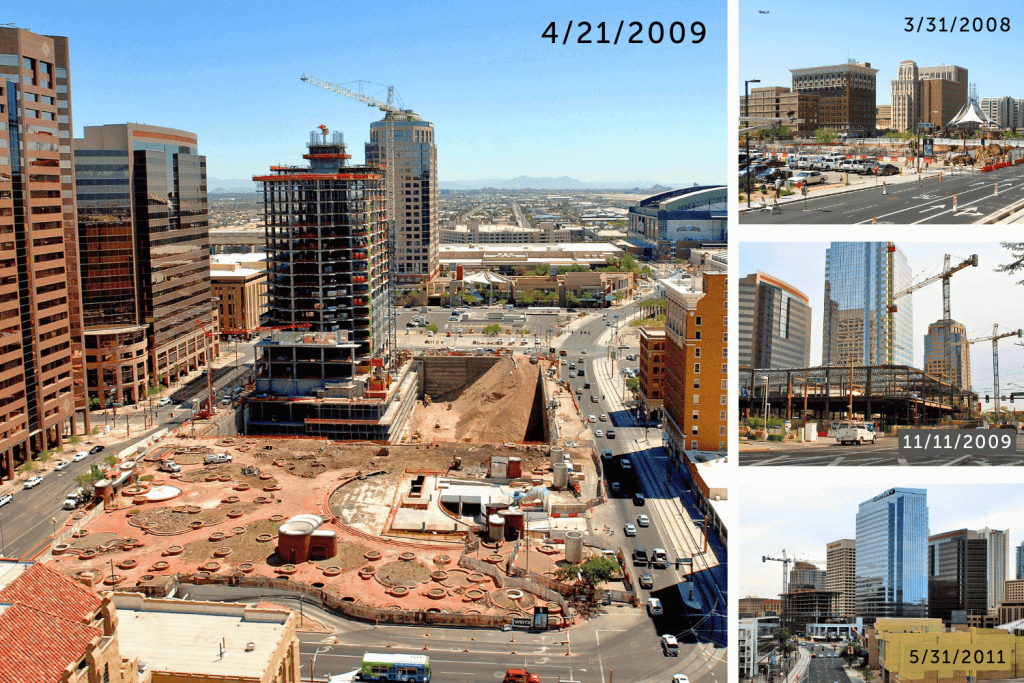 A collection of photos from 2008 through 2011 shows the shifting scale of walkability that CityScape brought to the Downtown core. To the west of Central Avenue, the project was developed upon the existing parking structure under the former Patriot Square Park. The husk of the former park is visible in the main photo. (Photos: Downtown Phoenix Archives)