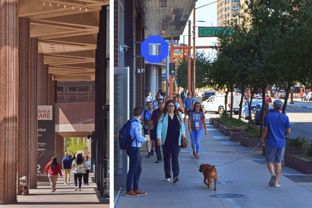 Different Eras, Different Building Ethos: The former Downtown building code required integrating an arcade into a building design that hid pedestrians 30 feet from the curb. As RED Development develops CityScape, their advocacy for the project shifts Downtown building codes toward more vibrancy and walkability. (Photos: Taylor Costello)